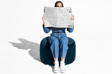Load image into Gallery viewer, Girl Sitting on a Deep Sea Fatboy Point Large Recycled Royal Velvet Pouf
