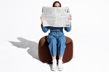 Load image into Gallery viewer, Girl Sitting on a Tobacco Fatboy Point Large Recycled Royal Velvet Pouf