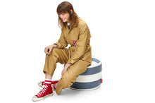 Load image into Gallery viewer, Girl Sitting on a Stripe Ocean Blue Fatboy Point Outdoor Ottoman