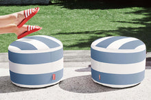 Load image into Gallery viewer, Two Stripe Ocean Blue Fatboy Point Outdoor Ottomans on a Patio