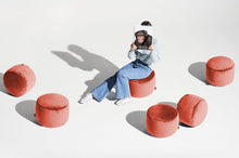 Load image into Gallery viewer, Girl Sitting on a Rhubarb Fatboy Point Recycled Velvet Ottoman