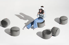 Load image into Gallery viewer, Girl Sitting on a Taupe Fatboy Point Recycled Velvet Ottoman