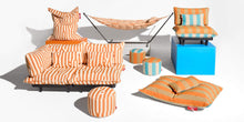 Load image into Gallery viewer, Outdoor furniture set with orange and white striped cushions on a white background
