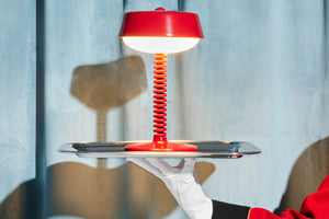 Lobby Red Fatboy Bellboy Lamp on a Serving Tray