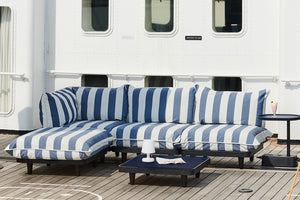 Stripe Ocean Blue Fatboy Paletti Large Outdoor Lounge Set on a Ship Deck
