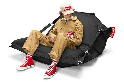 Model Sitting in a Black Fatboy Buggle-Up