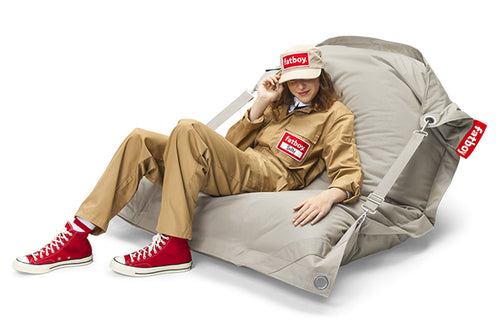 Model Sitting on a Light Grey Fatboy Buggle-Up
